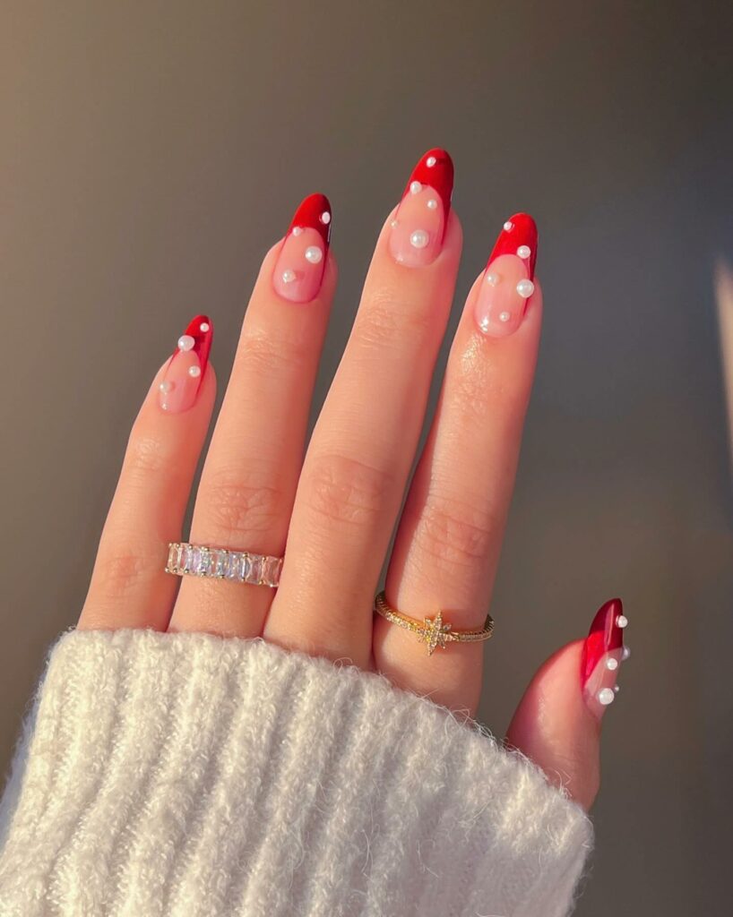 40 Latest Trendy Nail Ideas To Try In 2024! 26 Red French Trendy Nails With Pearls