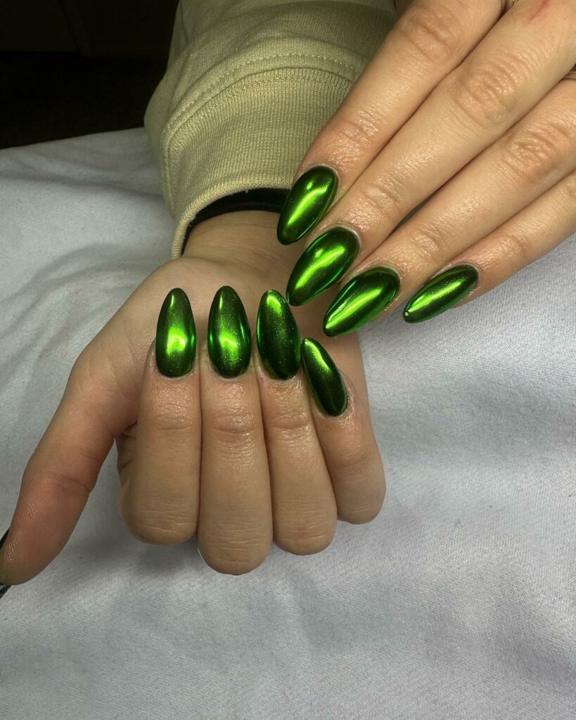 30 Latest Green Chrome Nail Ideas To Try in 2024! 16 Green Chrome Almond Nails