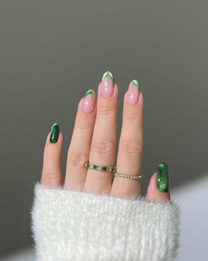 20 Latest Pink And Green Nail Ideas To Try In 2024! 22 Glittery Green French Design On Pink Base Nails