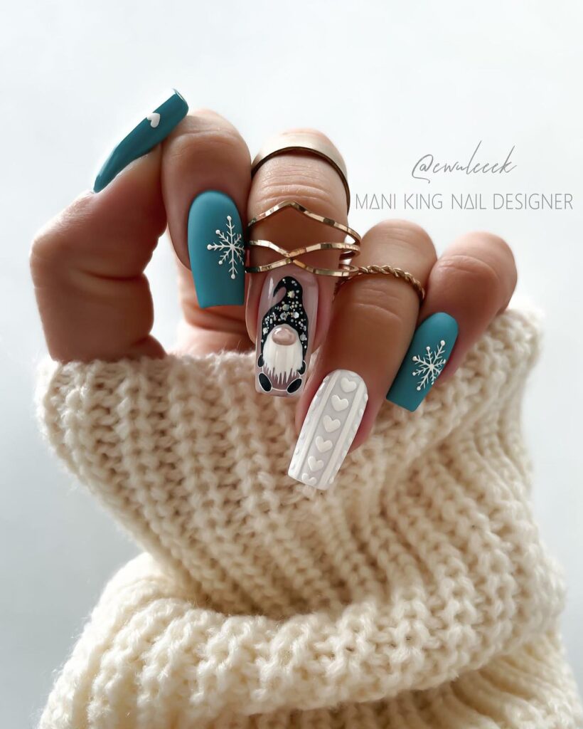 30 Latest Winter Nail Ideas To Try In 2024! 27 Matte Blue Green Winter Nails With Dwarf Design