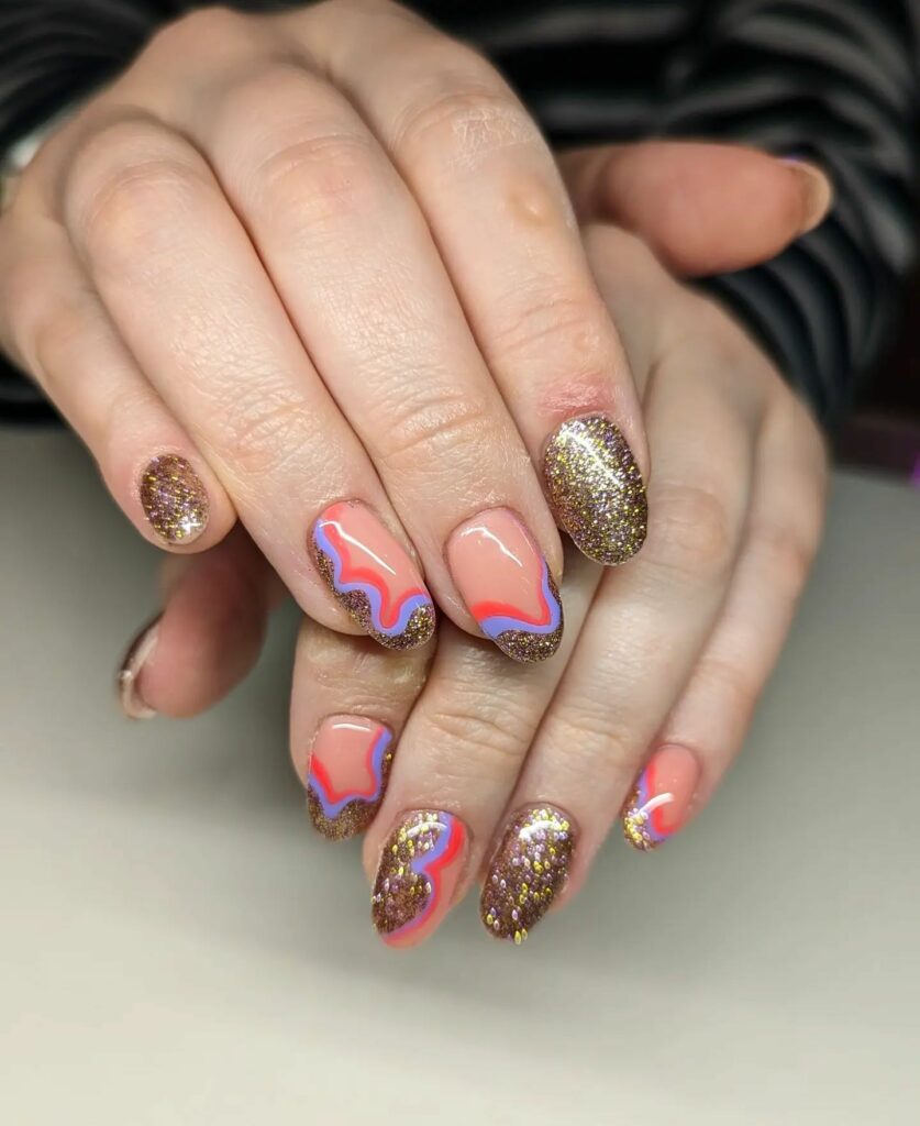 20 BEST 70S NAIL DESIGNS TO TRY IN 2024! 25 Swirl And Gold Design On 70s Nails