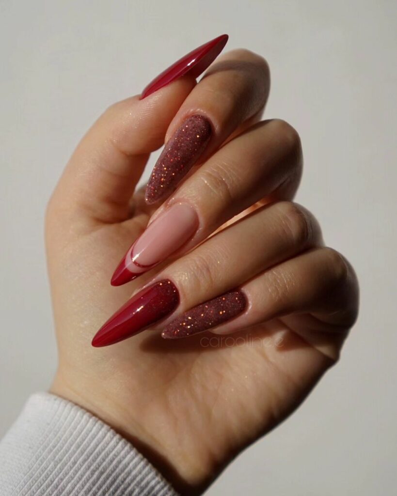 20 Latest Wine Color Nail Ideas To Try In 2024! 26 Stiletto Wine Color Nails With Glitter