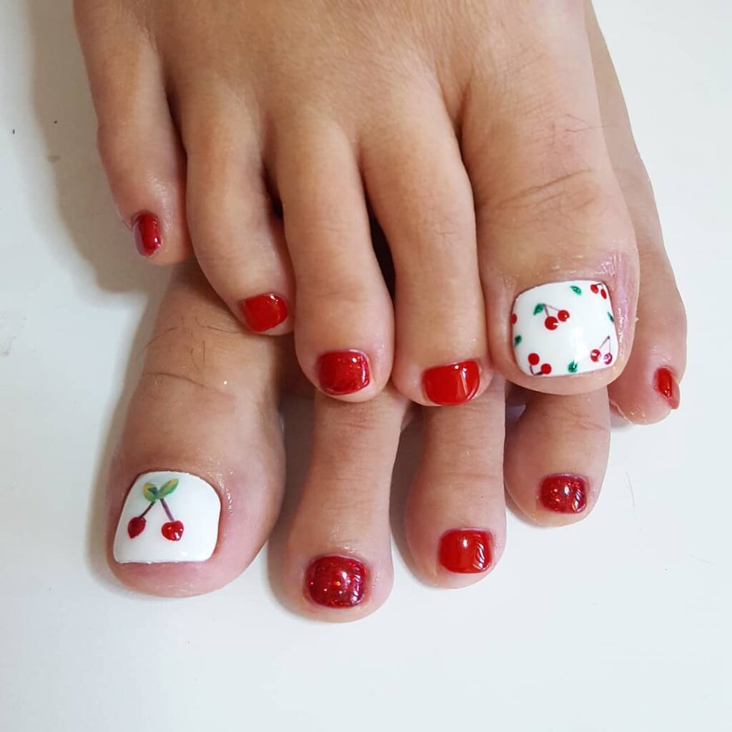 Feel Fruity with 25 Cherry Toenail Pedicure Ideas for 2024 32 Cherries On White Color Base Pedicure