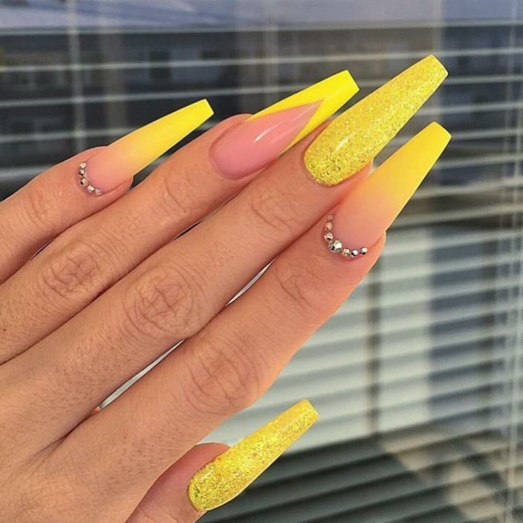 20 Latest Neon Yellow Nail Ideas To Try In 2024! 24 Yellow Coffin Ombre Nails With V Tips And Rhinestones Design