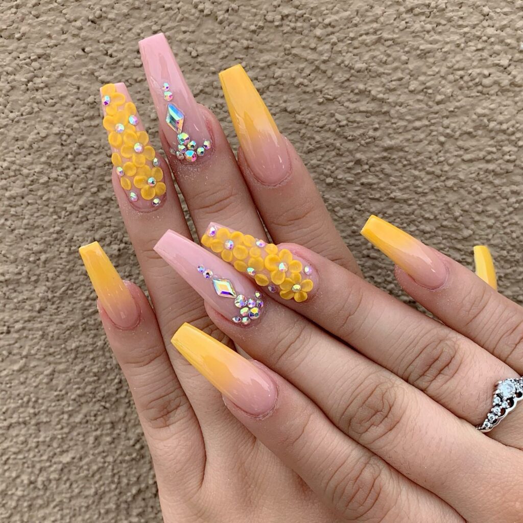 20 Latest Yellow Ombre Nail Ideas To Try In 2024! 14 Yellow Nails With 3D Flower Design And Rhinestones