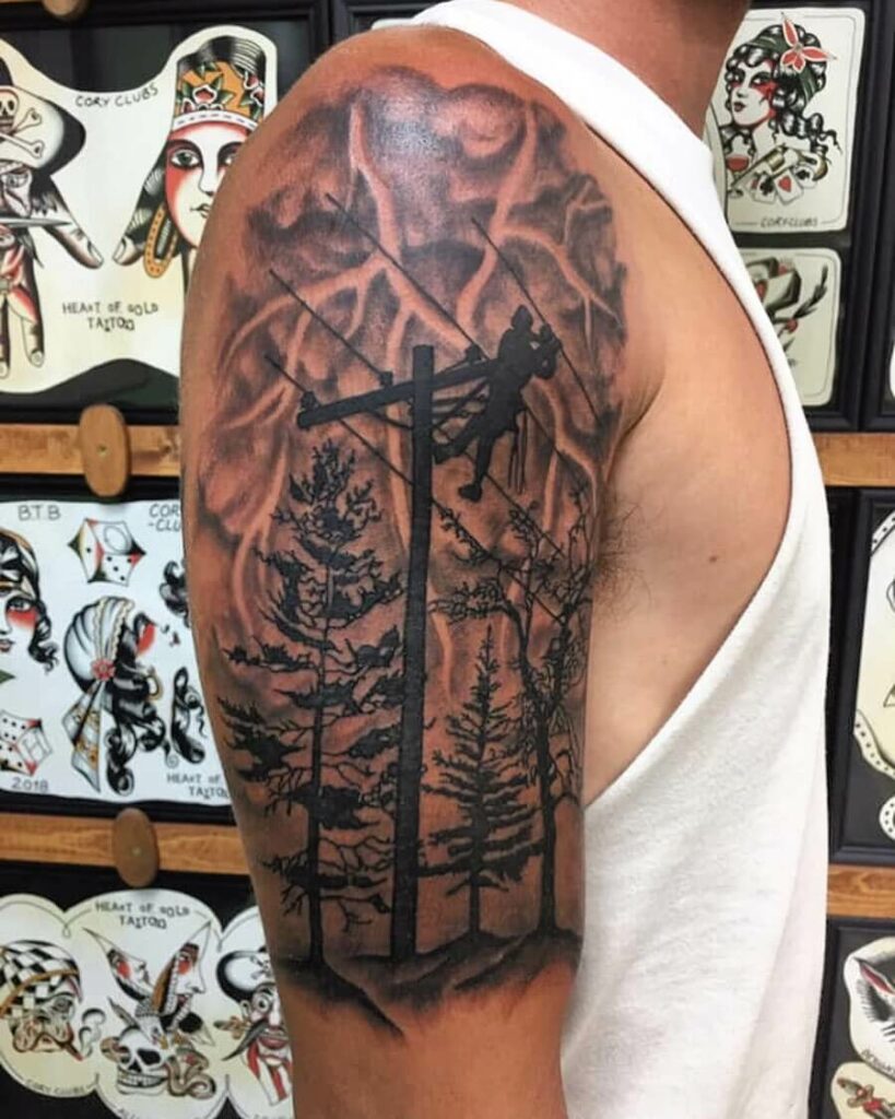 12+ Lineman Tattoo Ideas To Inspire You! 13 Arm Lineman Tattoo in Bold Black Ink