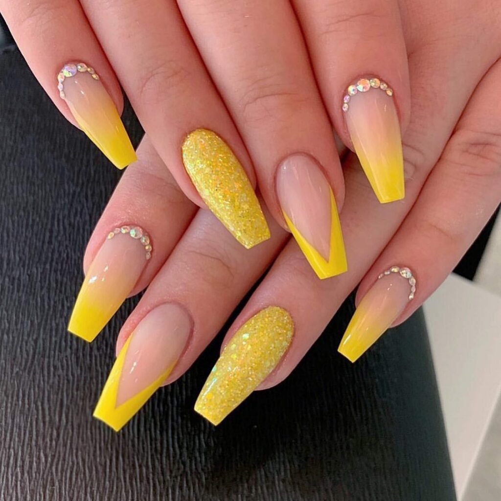 20 Latest Yellow Ombre Nail Ideas To Try In 2024! 11 V Tip Yellow Ombre Coffin Nails With Rhinestones