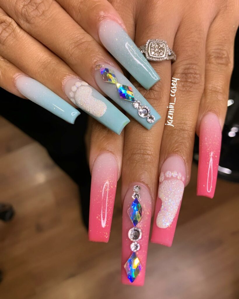 20 Latest Gender Reveal Nail Ideas To Try In 2024! 20 Long Gender Reveal Nails With Rhinestones