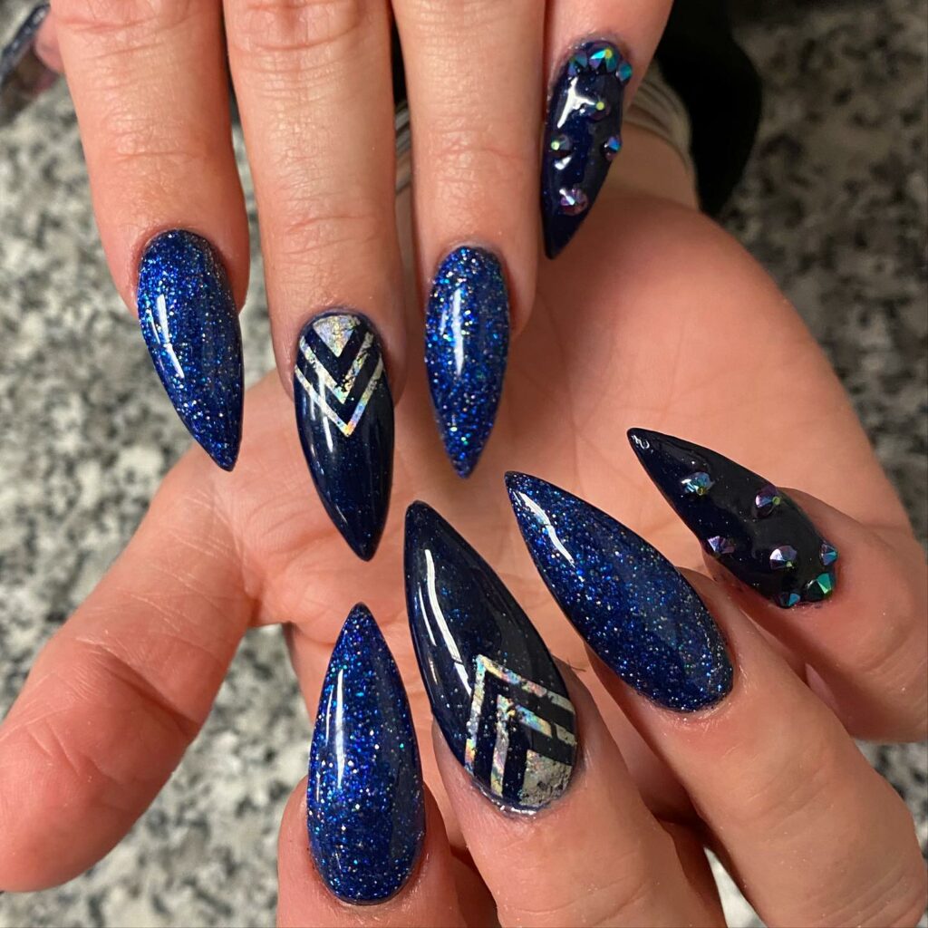 30 Latest Navy Blue Nail Designs To Try In 2024! 22 Long Navy Blue Glitter Nails