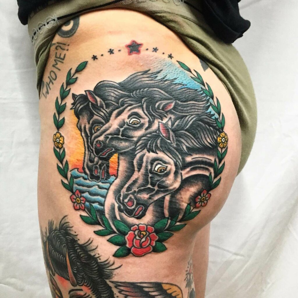11+ Pharaoh's Horses Tattoo Ideas That Will Blow Your Mind! 20 Traditional Old School Horse Tattoo On Hips