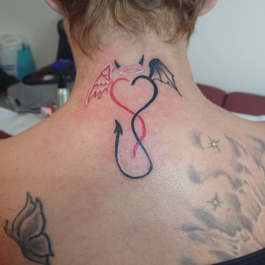 90 Latest Neck Tattoo Ideas To Inspire You In 2024! 39 Devil and Angel Neck Tattoo