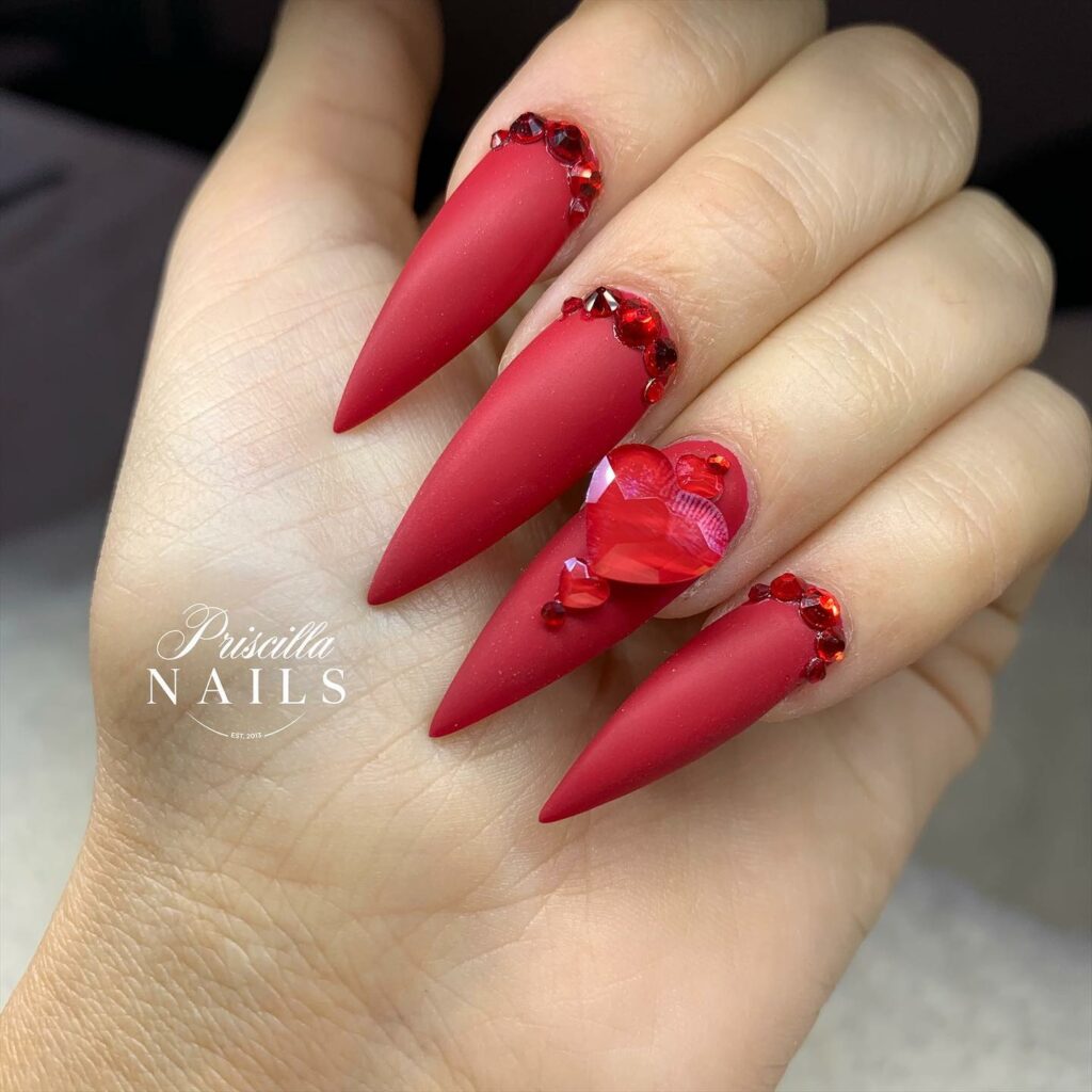 45 Latest Nails With Rhinestones Designs To Try In 2024! 22 Matte Red Stilettos