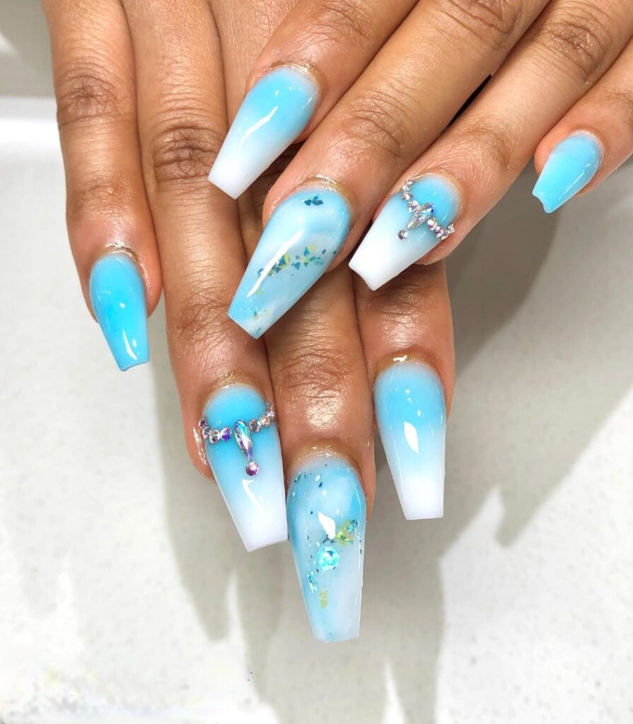 30 Latest Blue And White Nail Ideas To Try In 2024! 37 Blue And White Ombre Coffin Nails With Rhinestones