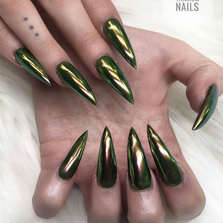 30 Latest Green Chrome Nail Ideas To Try in 2024! 30 Green Chrome Stiletto Nails