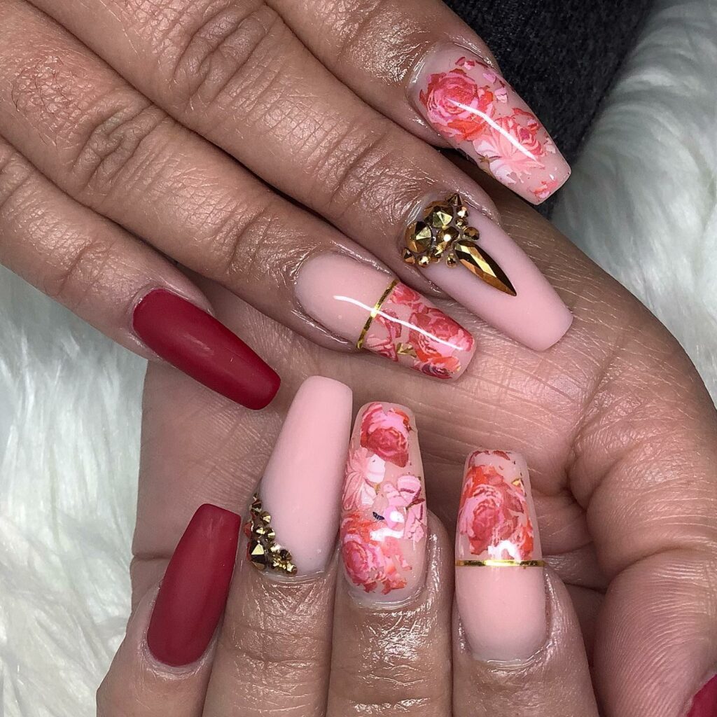 45 Latest Nails With Rhinestones Designs To Try In 2024! 50 Marble Meets Matte Red