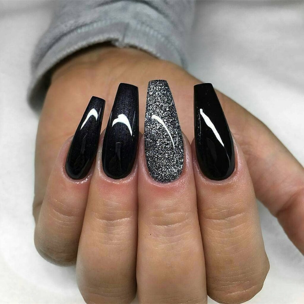 40 Latest Black Coffin Nail Designs To Try In 2024! 24 Black And Glitter Coffin Nails