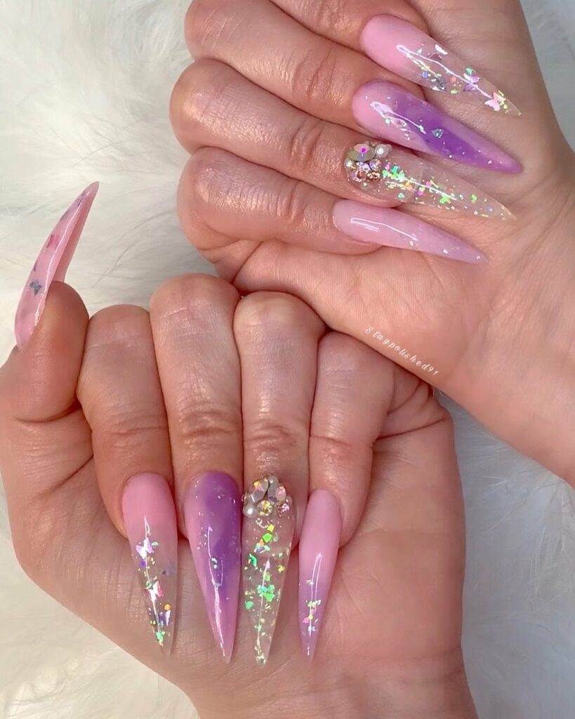 30 Latest Pink And Purple Nail Designs To Try In 2024! 40 Pink And Purple Stiletto Nails With Glitters