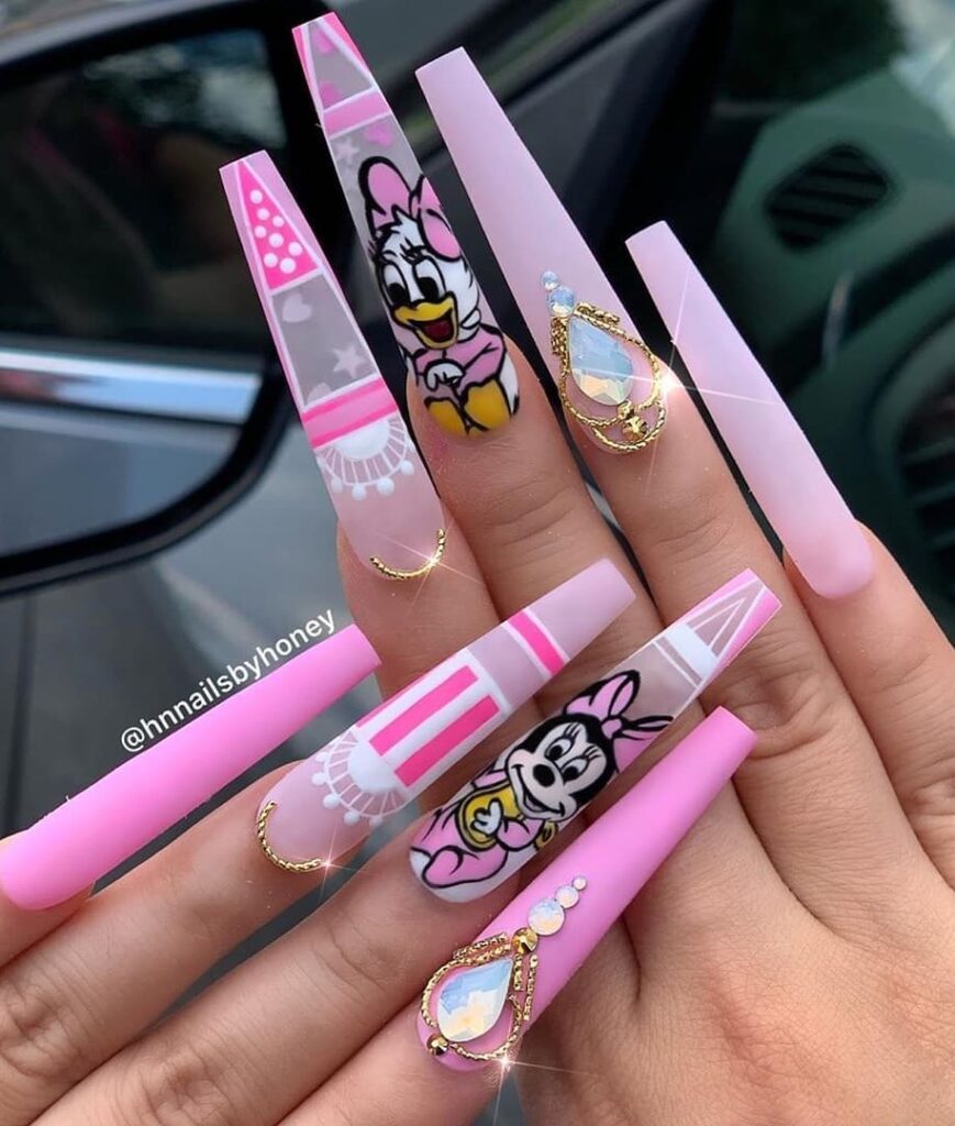 Embrace Childhood with 30 Minnie Mouse Nail Designs in 2024 22 Minnie Mouse And Daisy Duck Long Coffin Nails