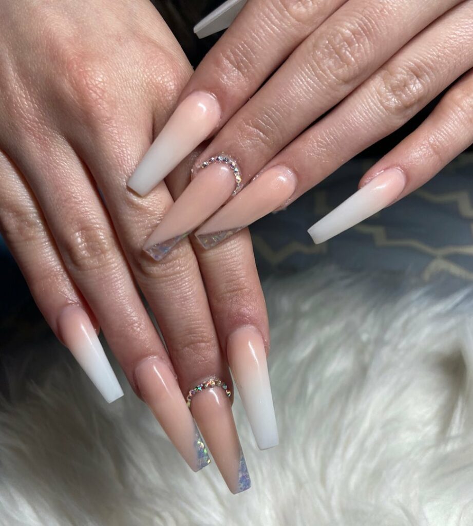 20 Latest Nude Ombre Nail Ideas To Try In 2024! 35 Nude Ombre Coffin Nails With Rhinestones