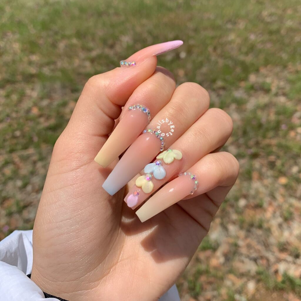 40 Latest Cotton Candy Nail Designs To Try In 2023! 24 Cotton Candy Coffin Nails With Rhinestones