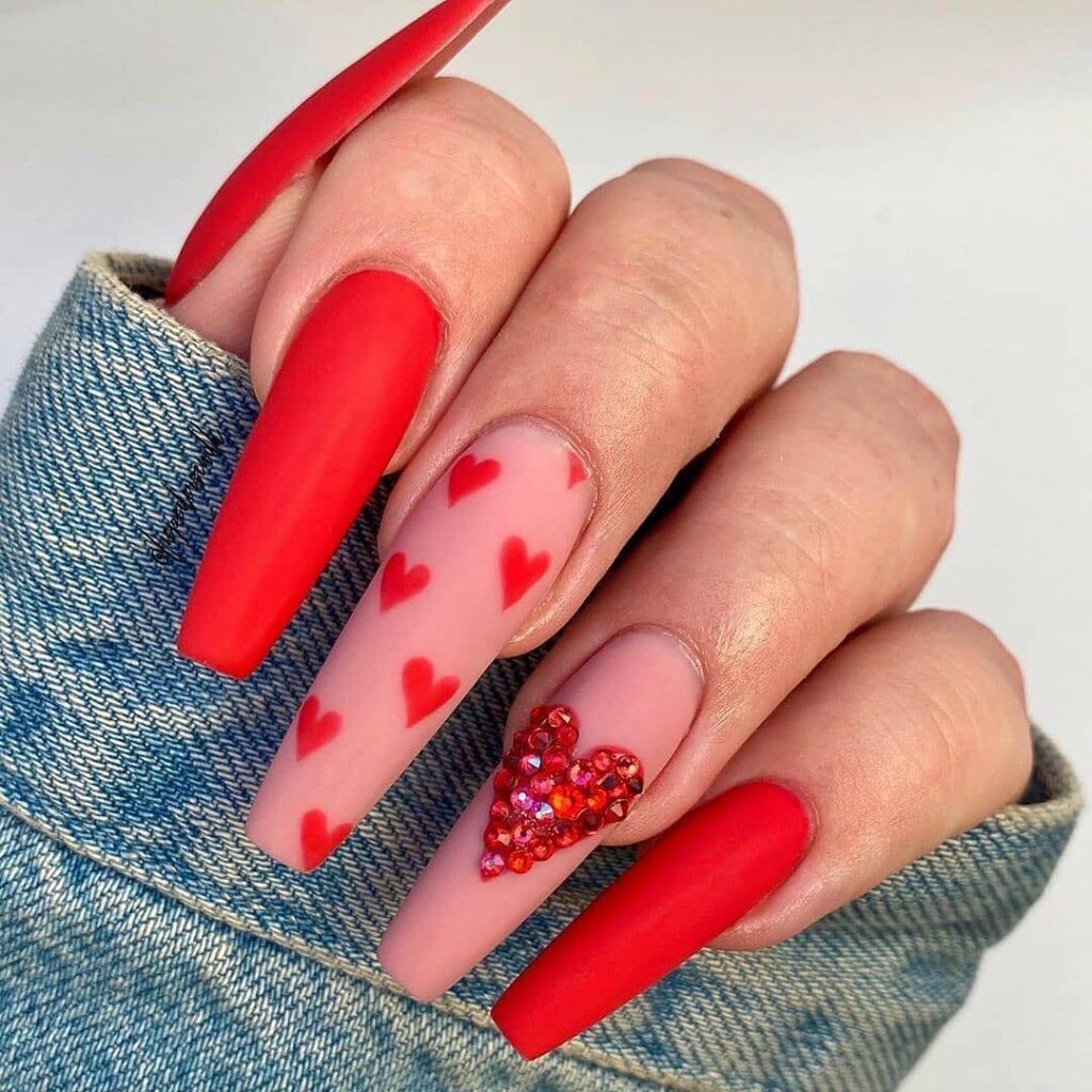 20 Latest Red Matte Nail Ideas To Try In 2024! 19 Red Matte Long Coffin Nails With Heart Design