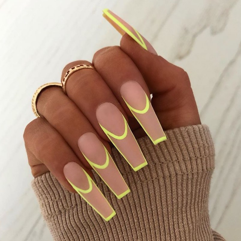 20 Latest Neon Yellow Nail Ideas To Try In 2024! 13 Neon Yellow French Design On Nude Coffin Nails