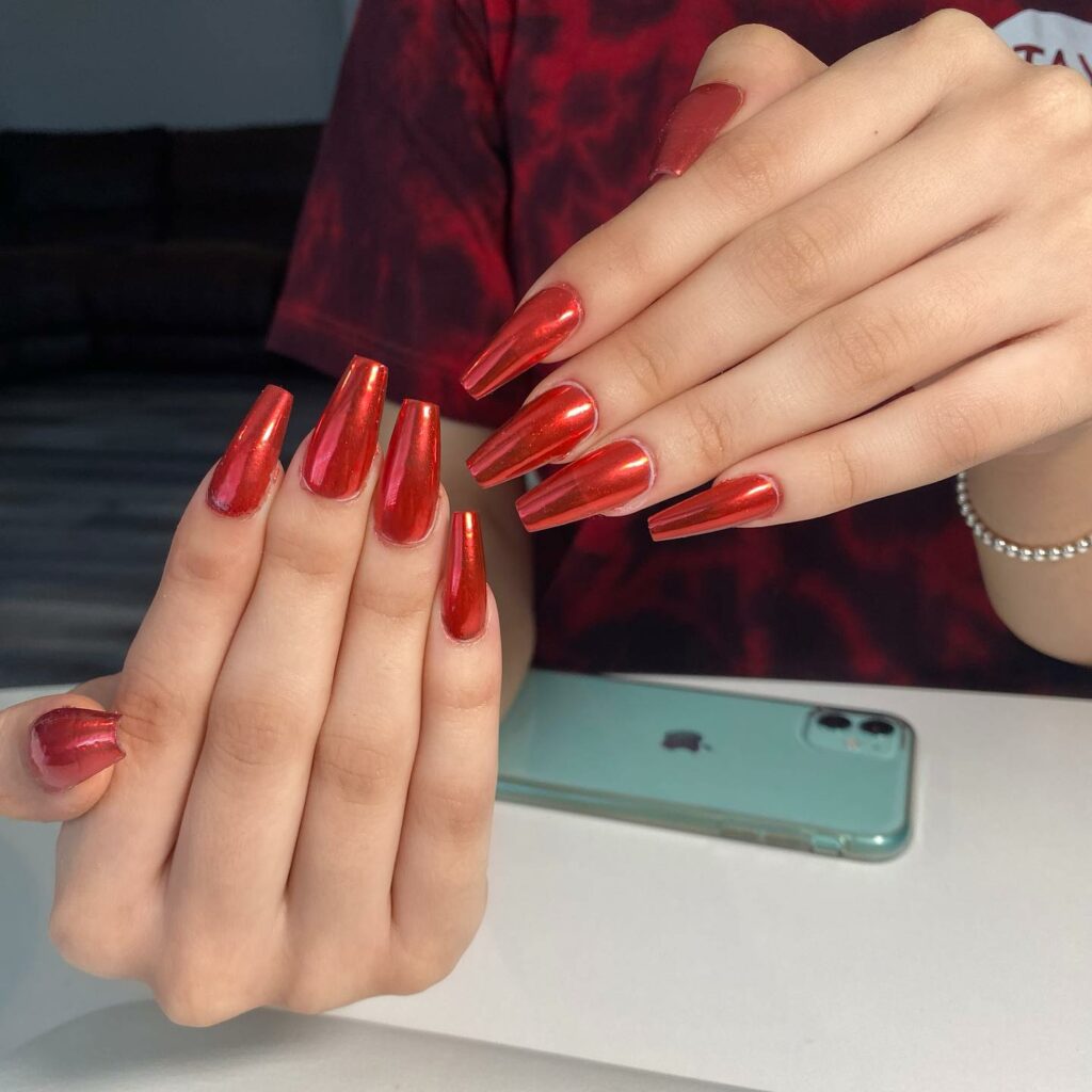 Go Bold with 40 Red Coffin Nail Designs in 2024 31 Metallic Red Coffin Nails