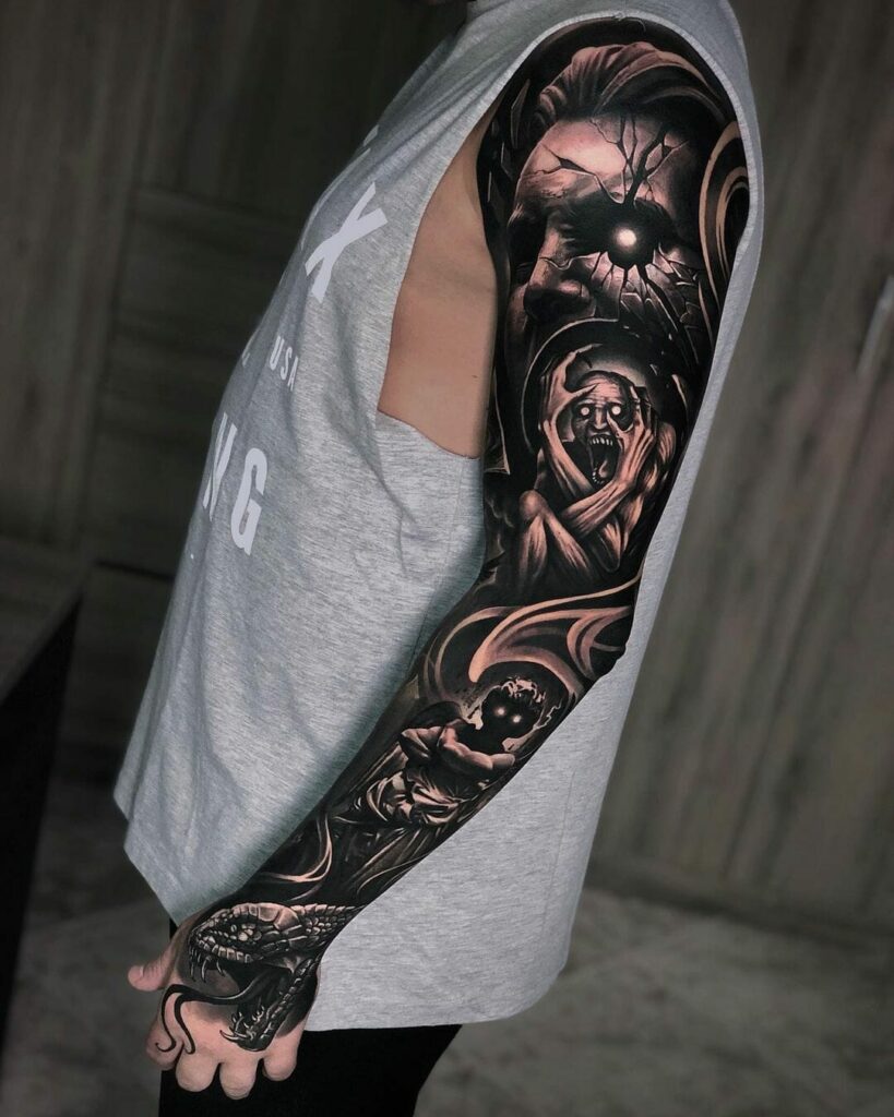 11+ Full Sleeve Tattoo Womens Ideas That Will Blow Your Mind! 14 A Beautiful Black And White Full Sleeve Tattoo On Gothic Surrealism