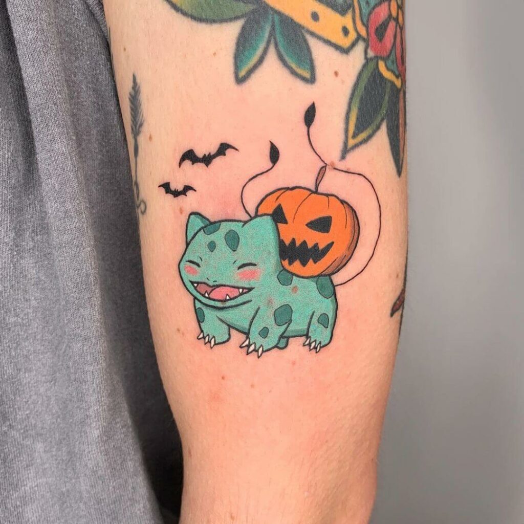 11+ Cute Pumpkin Tattoo Ideas That Will Blow Your Mind! 16 A Bulbasaur And Pumpkin Tattoo