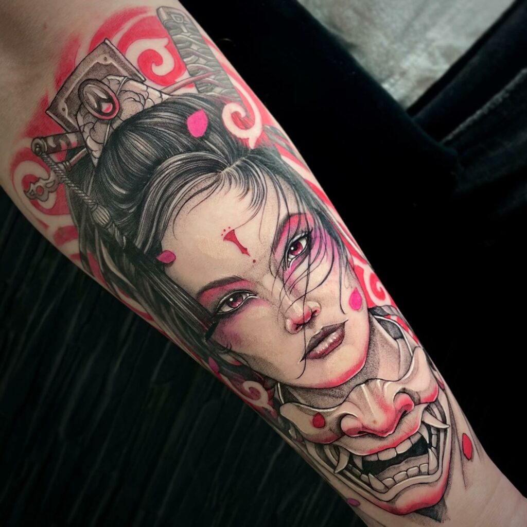 12+ Samurai Girl Tattoo Ideas To Inspire You! 16 A Colourful Girl Samurai Design Tattoo