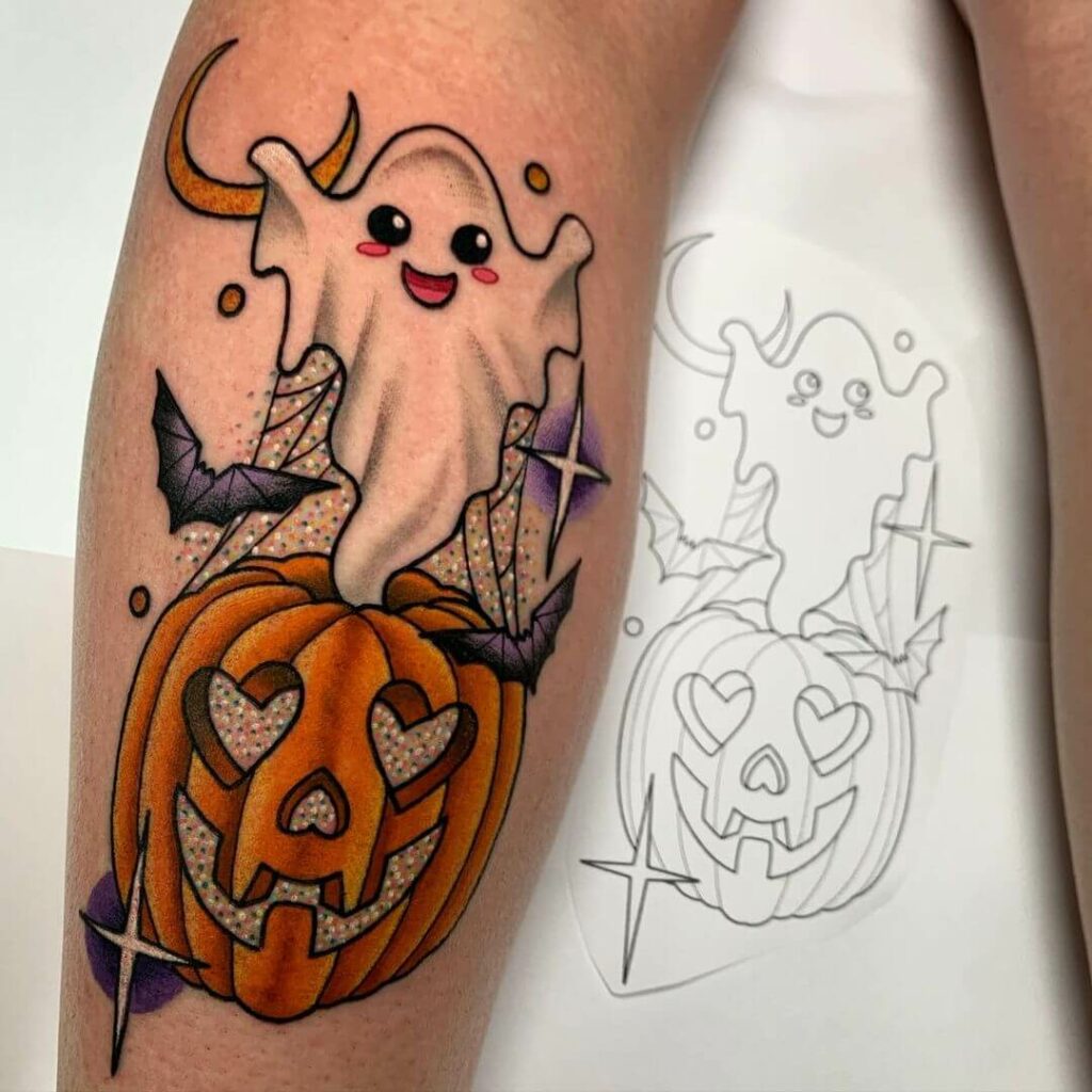 11+ Cute Pumpkin Tattoo Ideas That Will Blow Your Mind! 15 A Cute Ghost And Pumpkin Tattoo
