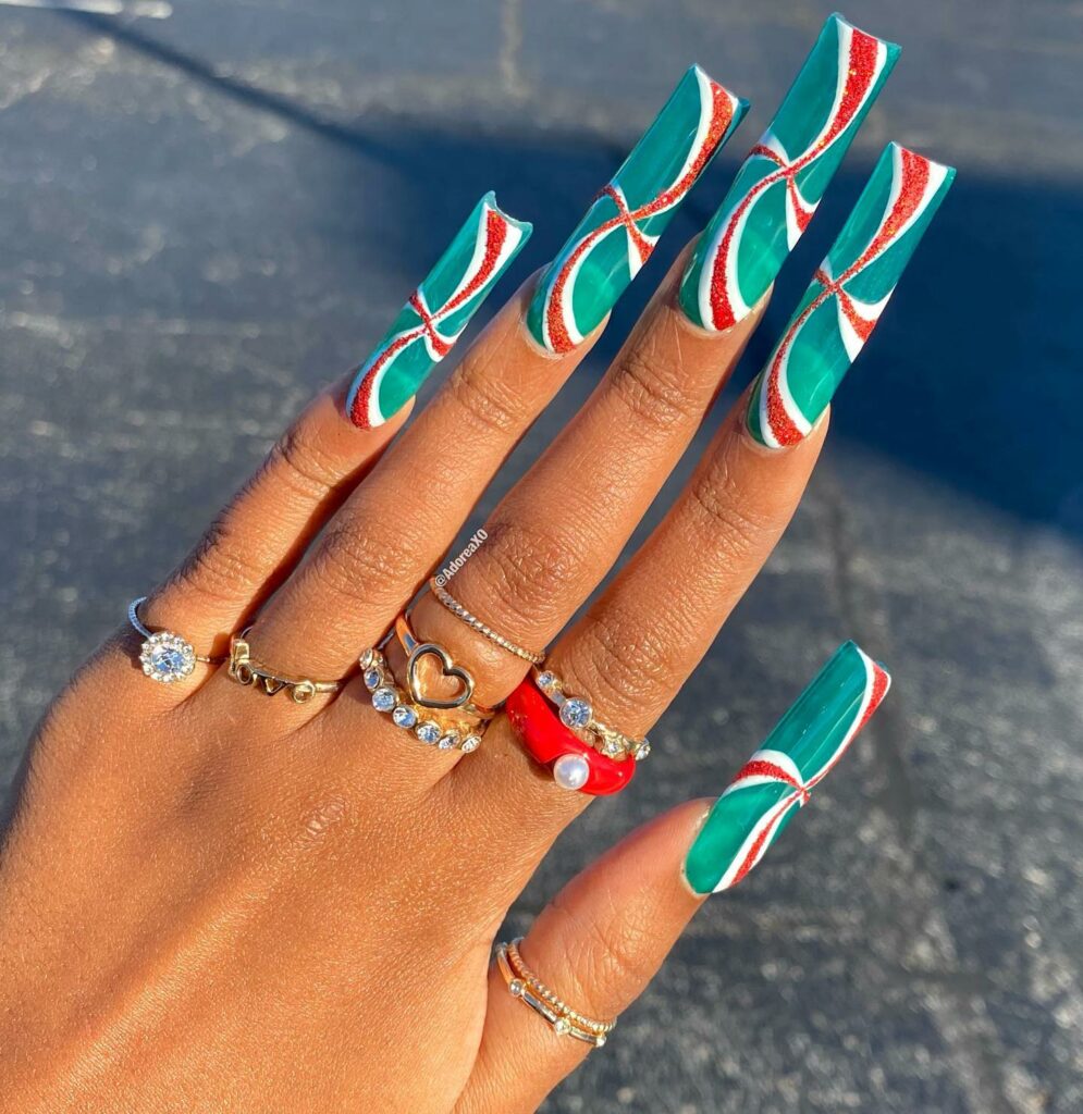 Enjoy 20 Candy Cane Nail Designs in 2024 19 Candy Cane Stripes on Turquoise