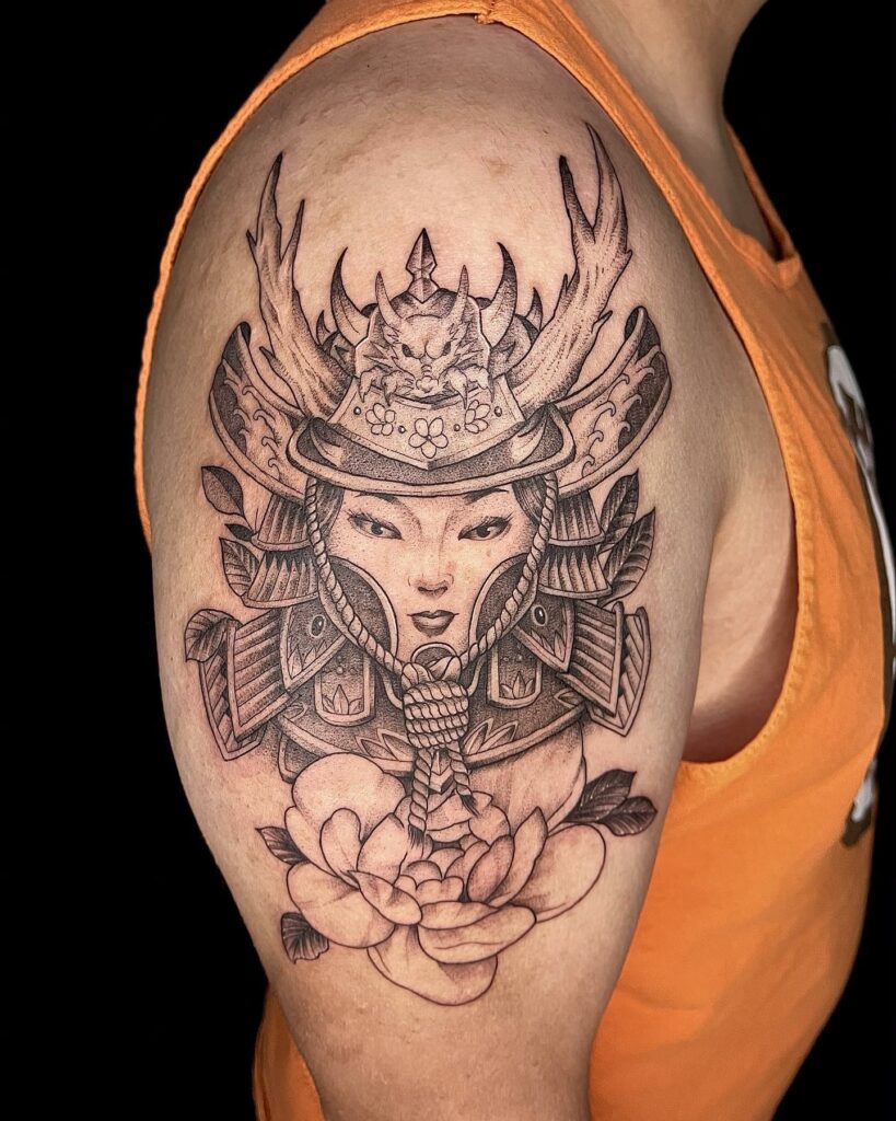 12+ Samurai Girl Tattoo Ideas To Inspire You! 19 A Girl Samurai And Peony Tattoo Design