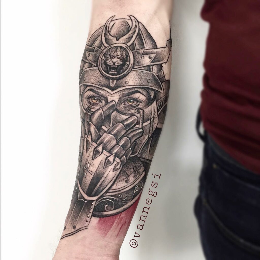 12+ Samurai Girl Tattoo Ideas To Inspire You! 11 A Realistic Blackwork Girl Samurai Pattern Tattoo