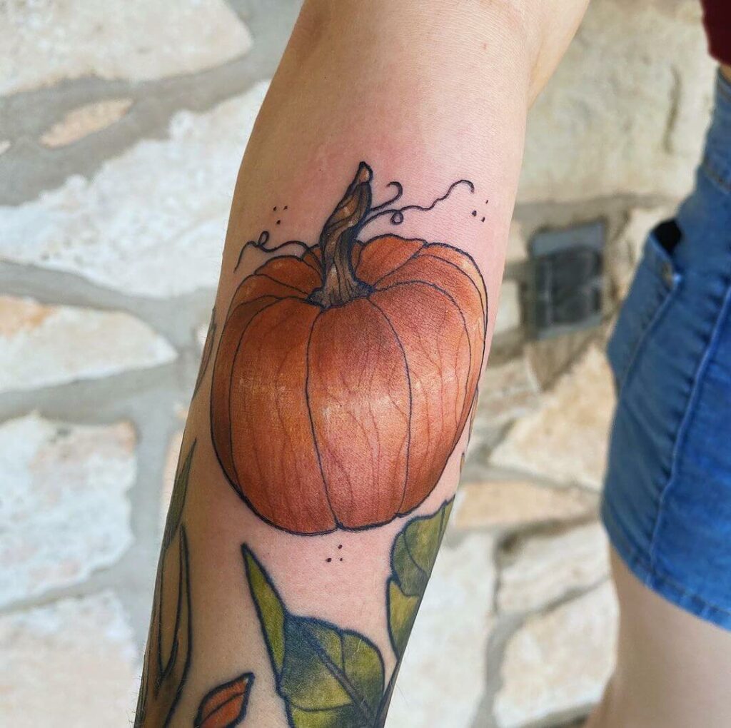 11+ Cute Pumpkin Tattoo Ideas That Will Blow Your Mind! 17 A Simple Colorful Pumpkin Tattoo