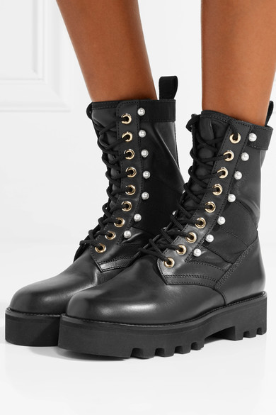 ALTUZARRA Faux pearl-embellished canvas-trimmed leather ankle boots – $1395 ALTUZARRA Faux pearl-embellished canvas-trimmed leather ankle boots