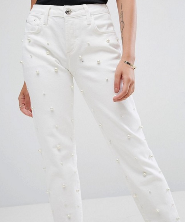 ASOS River Island Petite Bleach Wash Pearl Embellished Boyfriend Jeans – £50 White boyfriend jeans