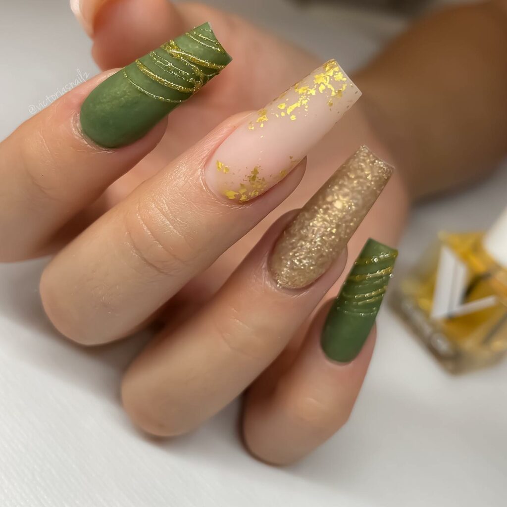 Explore 44 Olive Green Nail Designs in 2024 31 Abstract Art on Olive Green Coffin Nails