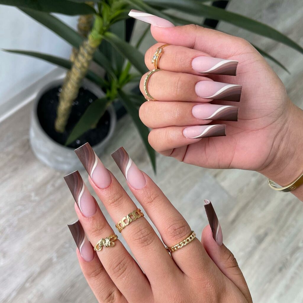 30 Latest Long French Tip Nail Ideas To Try In 2024! 54 Abstract Brown French Long Nails