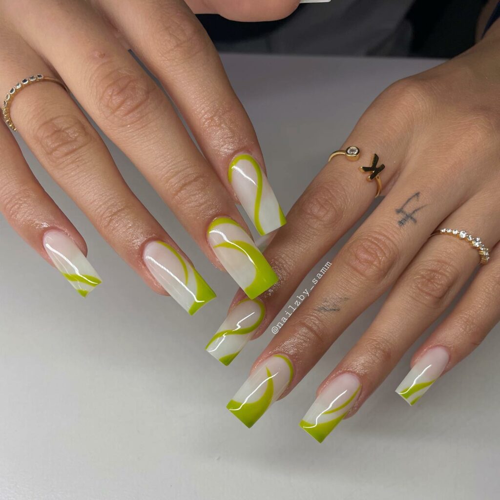 Try in 2024: 50 Latest Neon Green Nail Designs 10 Abstract Neon green french nails