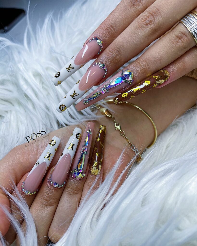 25 Latest Louis Vuitton Nails To Try In 2024 19 Acrylic Ombré Louis Vuitton Nails with Rhinestones