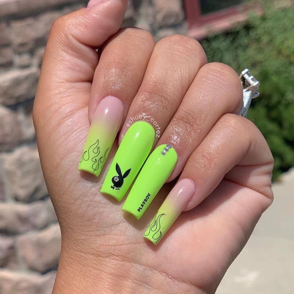 28 Stunning Playboy Nail Designs for 2024 31 Acrylic Neon Green Playboy Nails