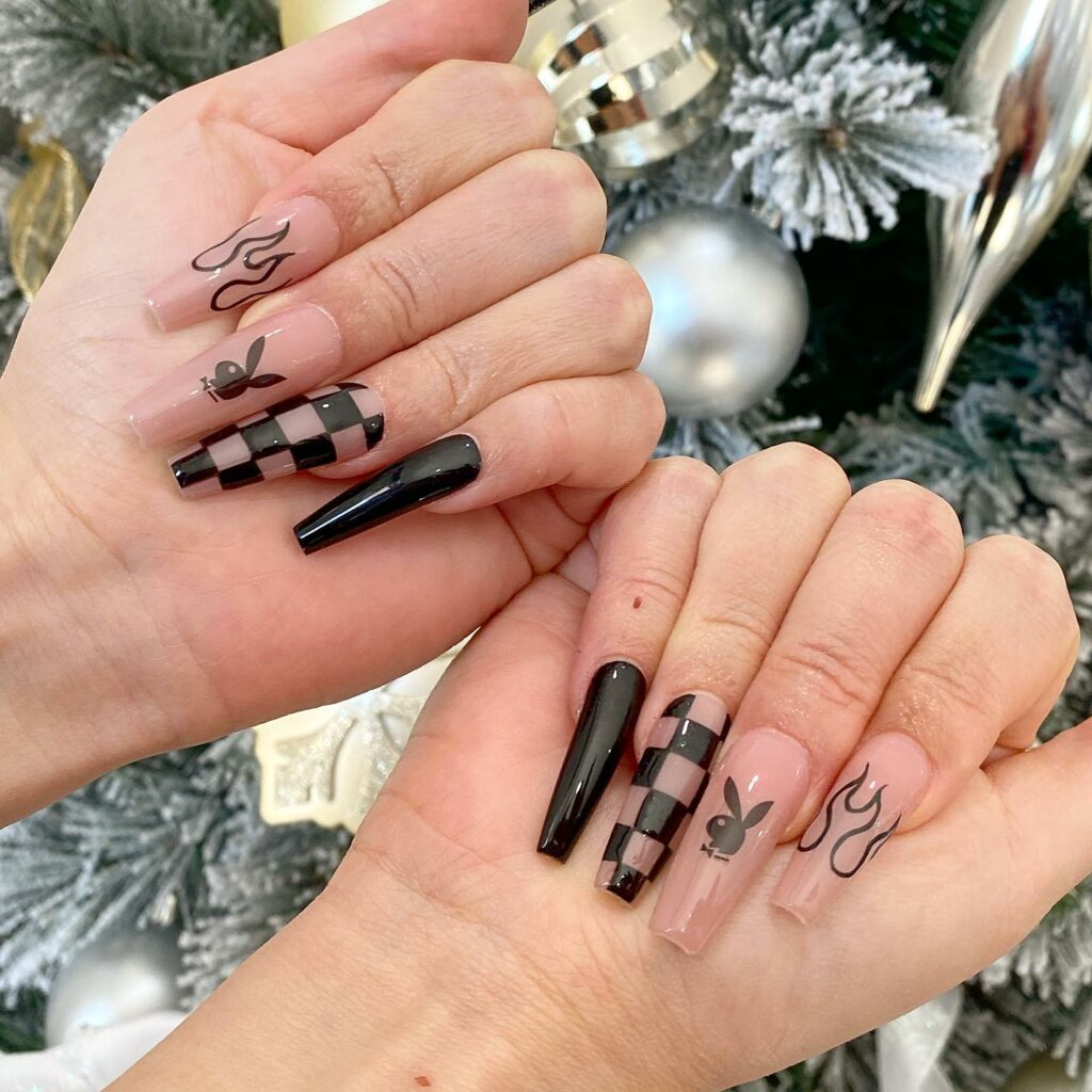 28 Stunning Playboy Nail Designs for 2024 12 Acrylic Playboy Nails with Checkerboard and Flames