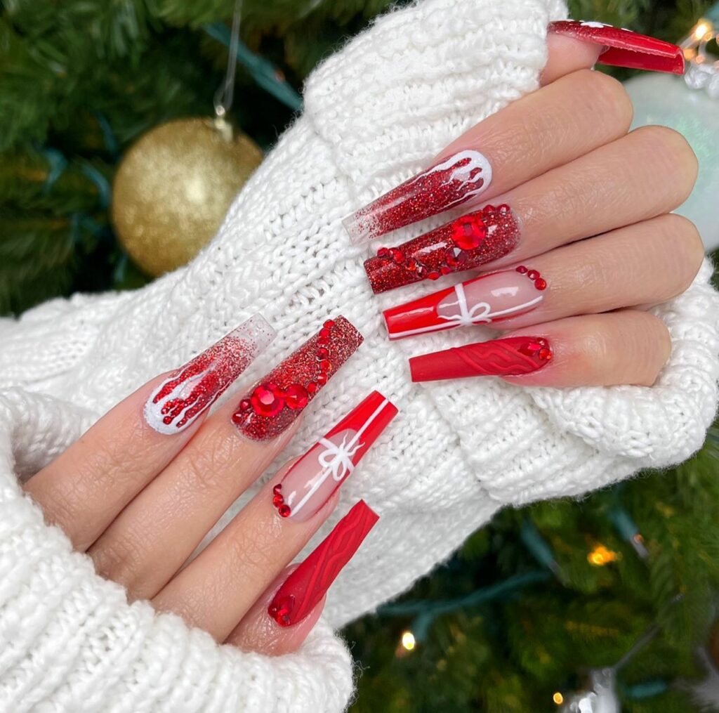 Celebrate with 40 Christmas Statement Nail Designs in 2024 28 Red Acrylic Glitter Christmas Nails