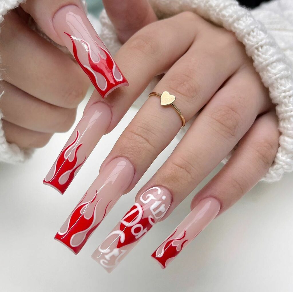 37 Latest Red And Pink Nail Design Ideas To Try In 2024! 36 Acrylic Red and Pink Nails with Flame Accents