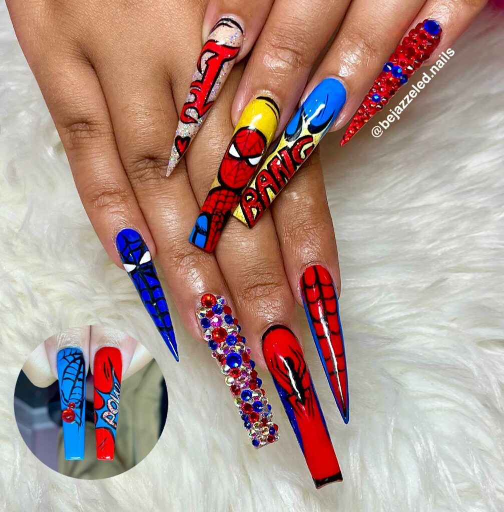 35 Amazing Spiderman Nail Designs To Try In 2024! 10 Acrylic Spiderman Nails with Rhinestones
