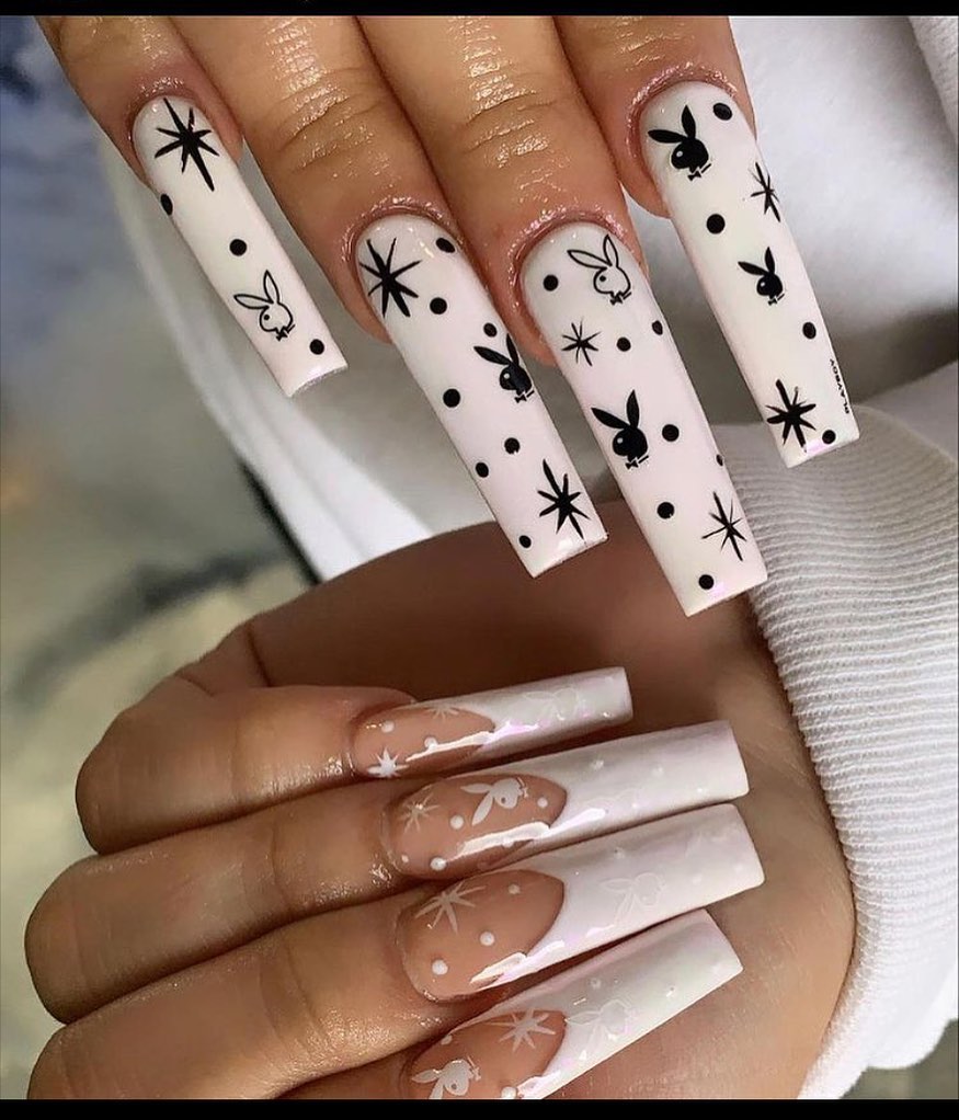 28 Stunning Playboy Nail Designs for 2024 25 Acrylic White and Black Playboy Nails