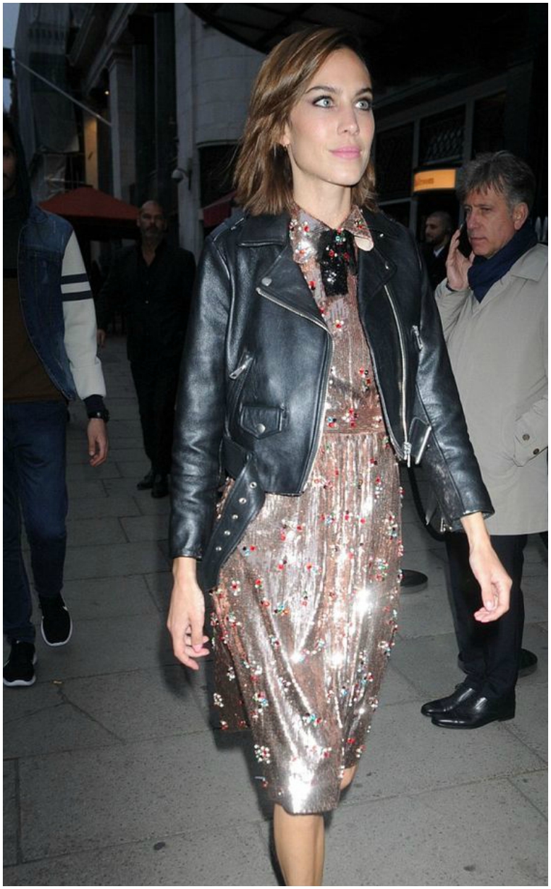 How to Wear a Leather Jacket All Year Round 29 Alexa Chung black leather jacket sequinned midi dress
