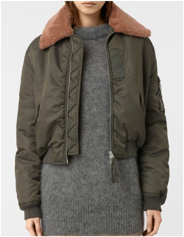 All Saints Luca Bomber Jacket £258_54 Khaki green cropped bomber jacket with fur trim