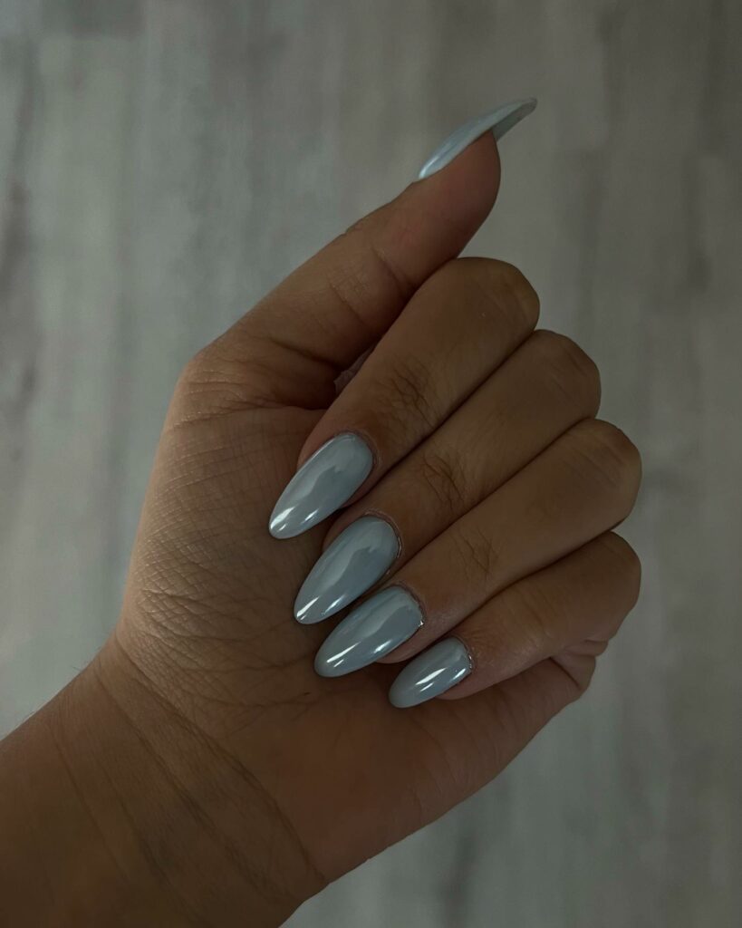25 Latest Chrome Nail Ideas To Try In 2024! 20 Serene Beauty of Almond Light Blue Chrome Nails